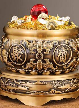 黄铜八福聚宝盆摆件招米聚米铜米缸玄关客厅办公室桌面工艺品