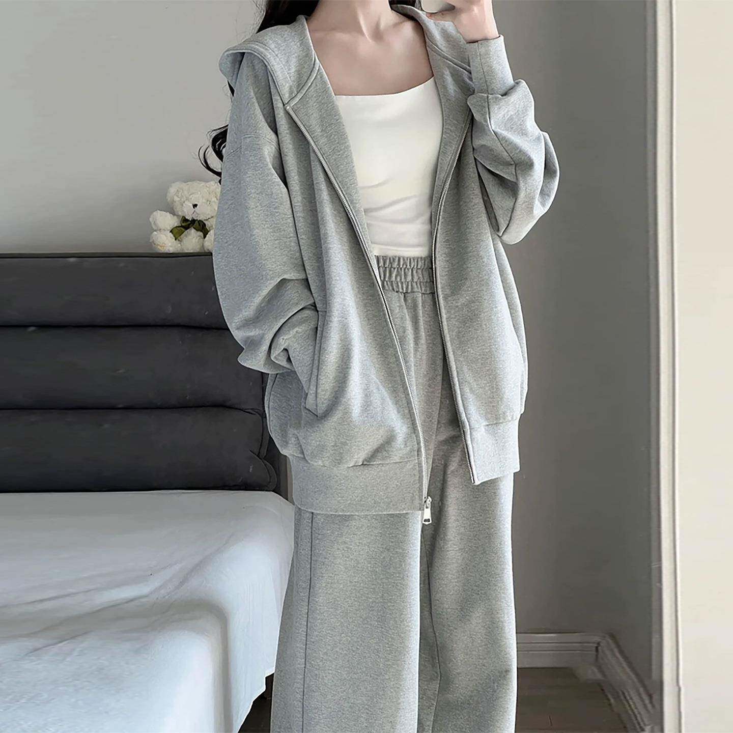 灰色连帽卫衣女2026新款春秋季开衫上衣小个子薄款慵懒松弛感外套