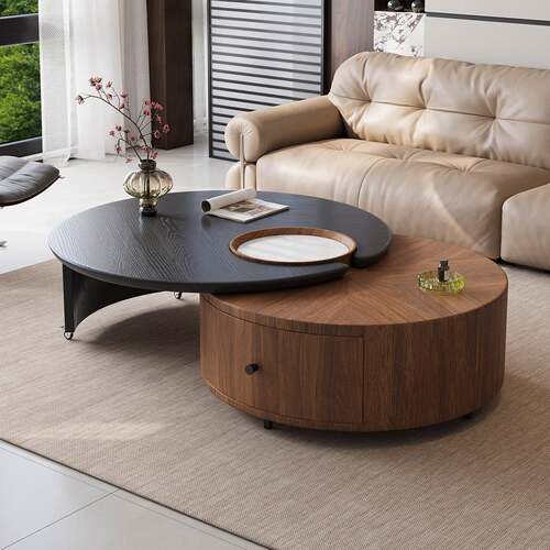 实木茶几客厅法式复古风家用小户型黑胡桃圆形茶几桌组合沙发边几