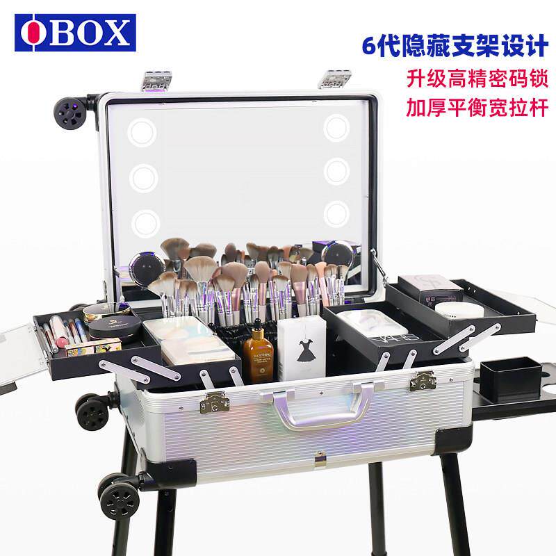 新款OBOX化妆箱专业跟妆师带灯镜子密码锁拉杆箱化妆师专用跟妆箱
