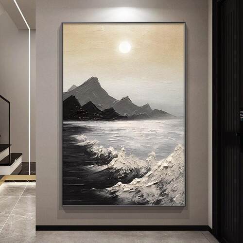 高级浮雕立体感海浪肌理画玄关装饰画现代走廊尽头挂画客厅落地画