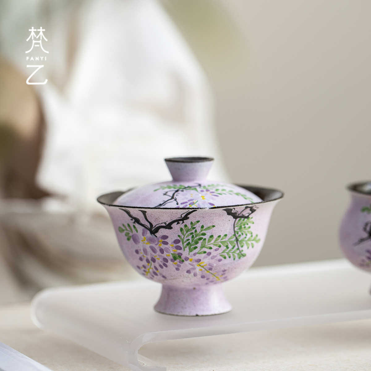 梵乙粗陶手绘紫藤花盖碗复古小清新家用陶瓷泡茶碗功夫茶具敬茶碗