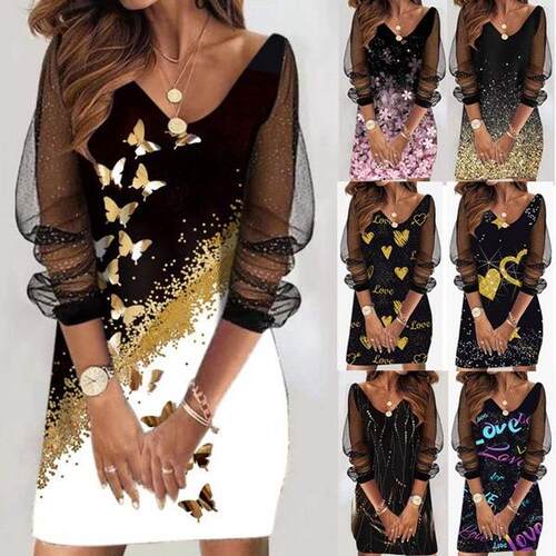 Women's skirt mesh long sleeved V-neck dress