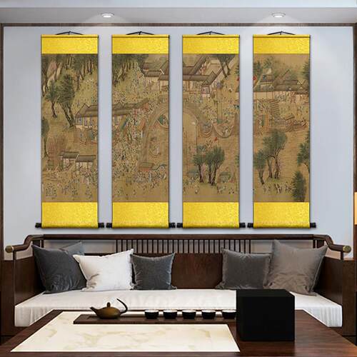 竖款清明上河图卷轴挂画仇英名家画高清山水国画客厅办公室装饰画