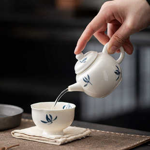 陶瓷茶具泡茶壶女士 手绘白瓷兰花迷你壶家用陶瓷小茶壶单壶小套装