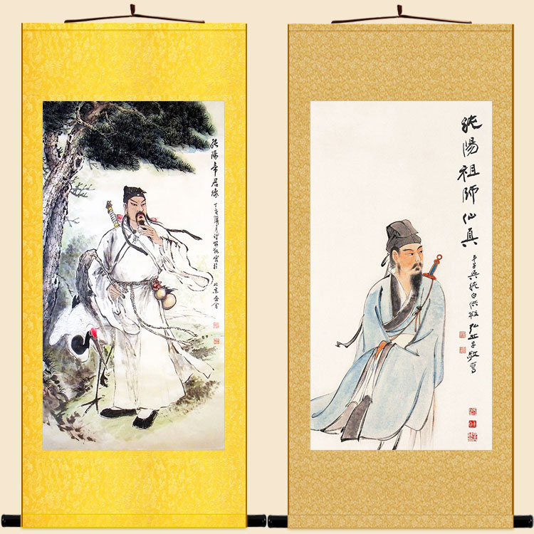 吕洞宾仙鹤神像画 张大千吕祖全真派祖师画像 丝绸画复古卷轴挂画