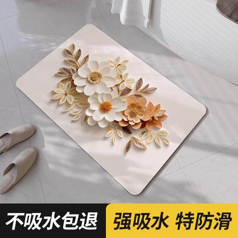 韩国卫生间地垫立体花卉吸水速干浴室防滑脚垫硅藻泥厕所门口垫子