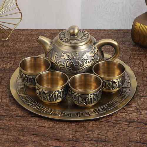 创意精美龙纹青古锌合金茶具套装 1托盘1壶4杯搭配新中式茶壶茶具