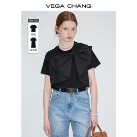 vegachang蝴蝶结t恤女2024年夏季小众设计黑色短袖t恤连衣裙