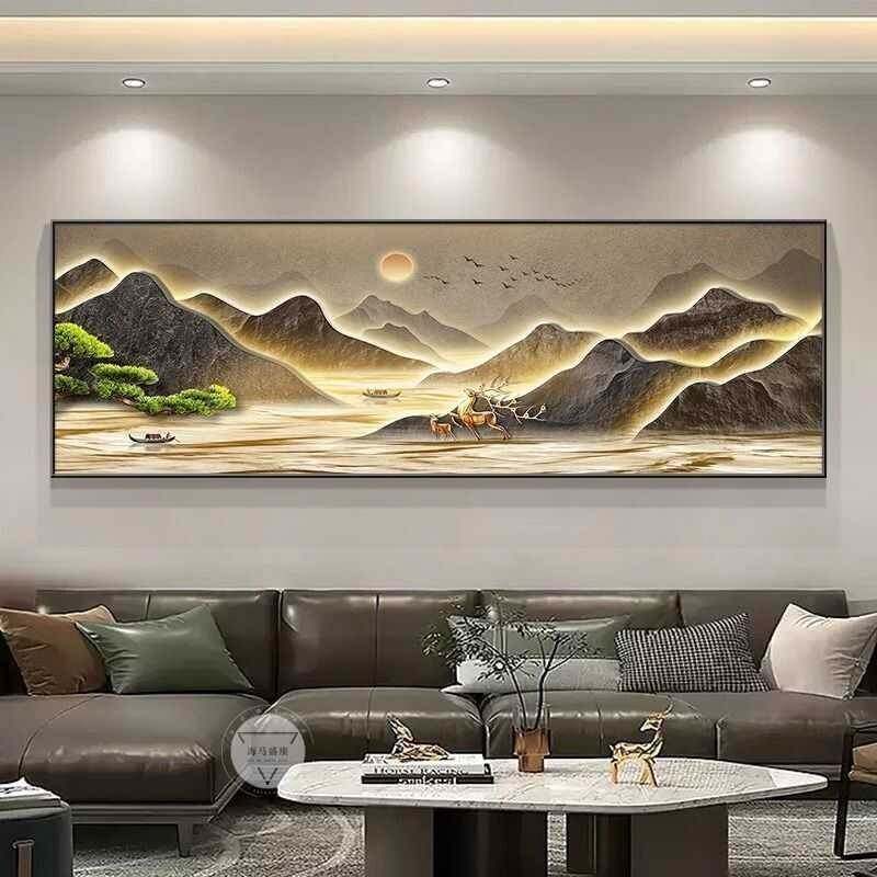 客厅装饰画新中式山水画横版壁画风景办公室沙发背景墙自粘画网红