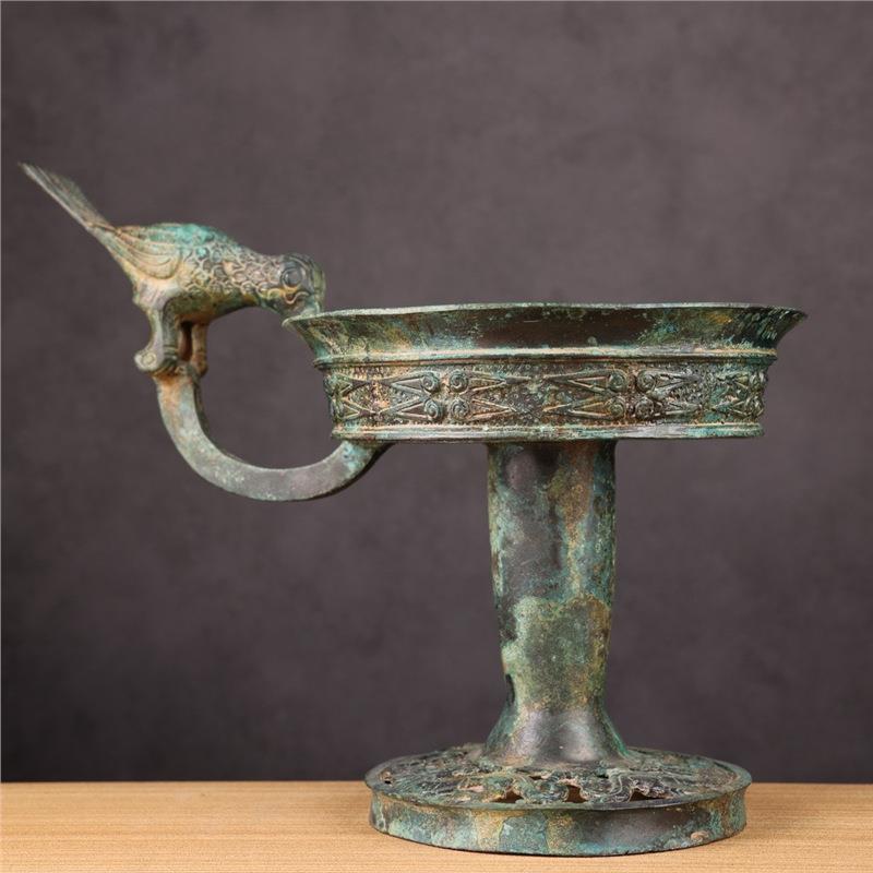 青汉代古铜自凤鸟铜蜡台铜灯具SMJ然绿皮锈器古玩收藏品影视道具