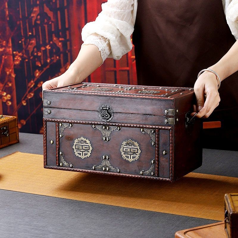 仿古代木盒木箱子长方形储物招财百宝箱新款结婚喜字复古箱子老式