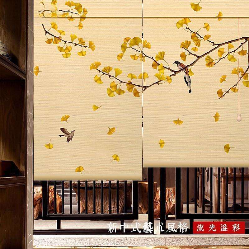 竹帘卷帘中式拉帘茶室悬挂式免打孔屏风茶室升降创意风景日式