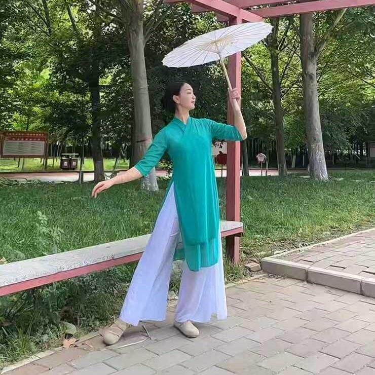 古典舞现代蹈弹力纱衣练功女身韵汉服飘逸修身长款中国风瑜伽套装