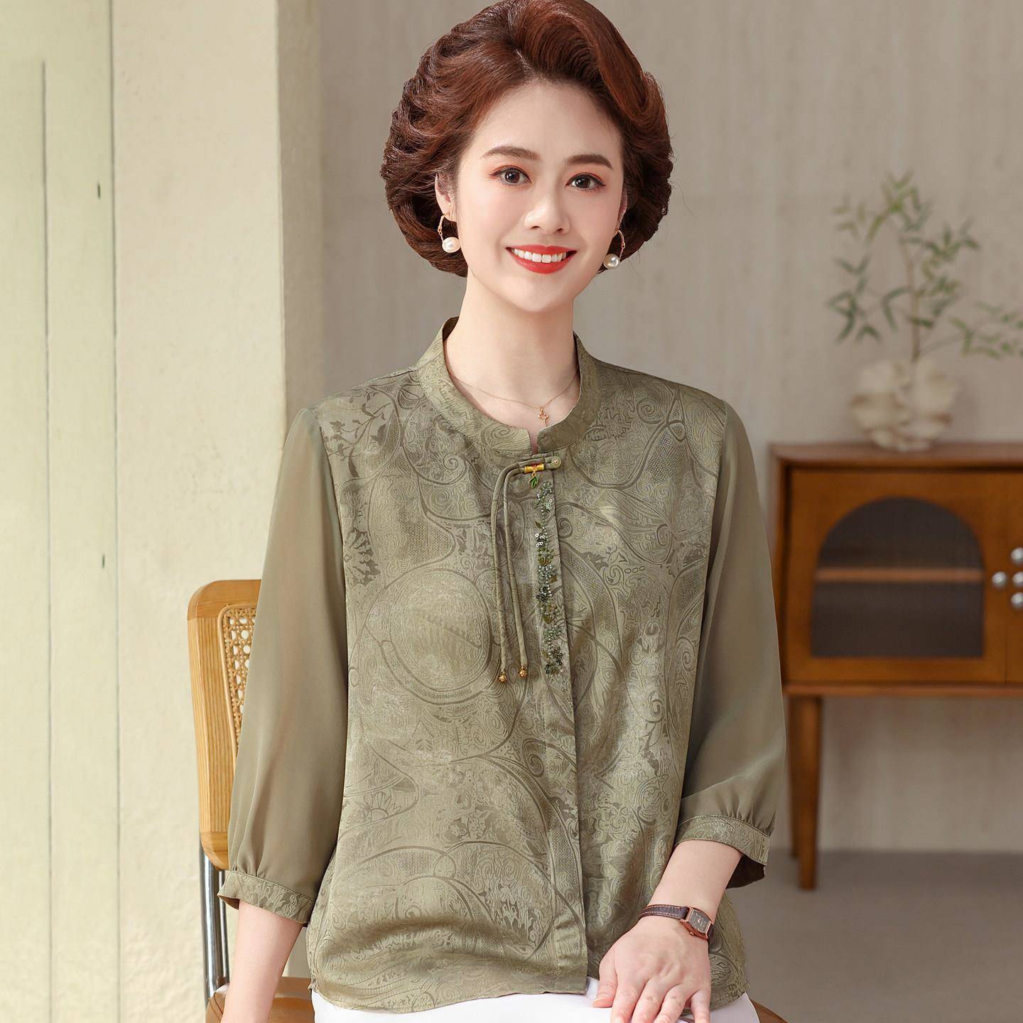 妈妈夏装七分袖上衣服杭州真丝中老年女时尚贵夫人品牌桑蚕丝小衫