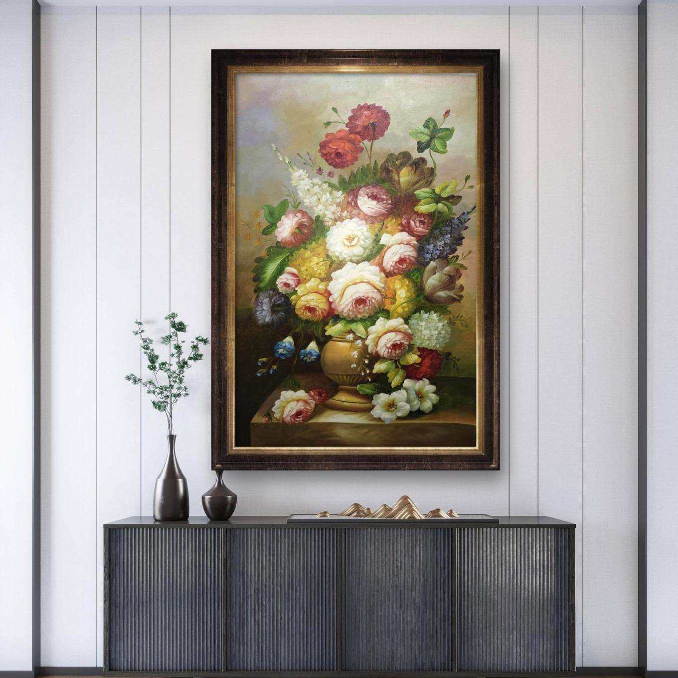 美式纯手绘油画卧室餐厅茶室办公室挂画玄关过道高级复古花卉壁画