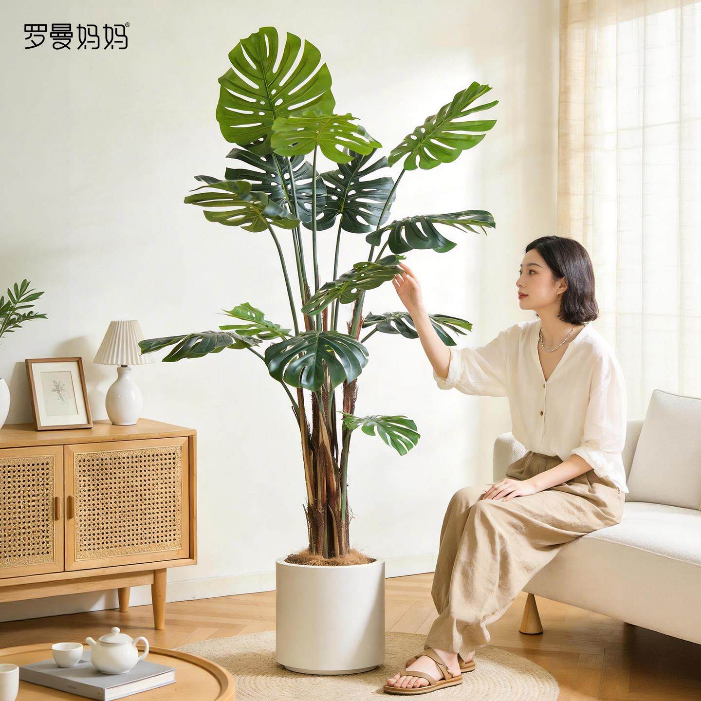 罗曼妈妈彷真绿色植物龟背芋盆栽假植物室内大型落地植物盆景摆件