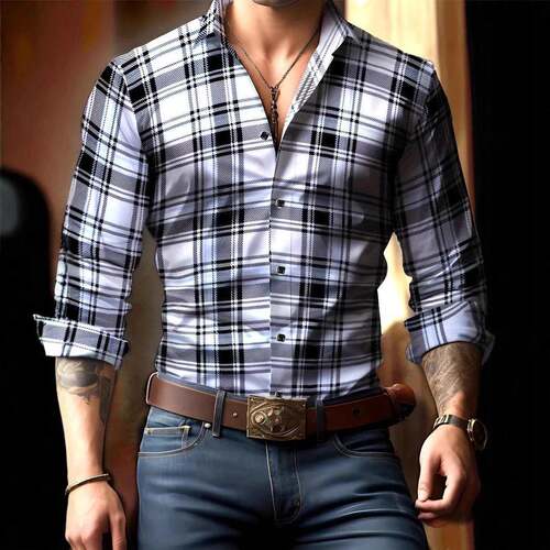 Men's Plaid Checkered Print Checked Button Closure Shirt