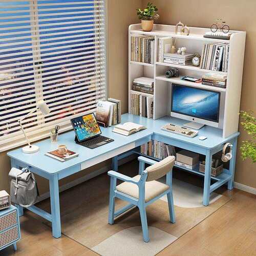 贝宅森实木转角书桌书架一体学生家用书柜组合卧室L型拐角电脑桌