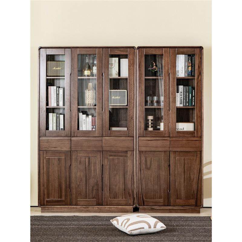 全实木书柜组合黑胡桃木书橱柜北欧简约现代展示柜储物一体置物架