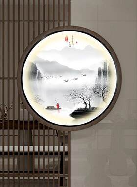 新中国风屏风隔断双面水晶瓷画入口大厅夜光装饰画无障碍豪华圆墙