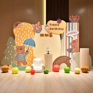 手绘风宝宝周岁生日满月宴布置装饰男女孩场景百天气球背景板kt板