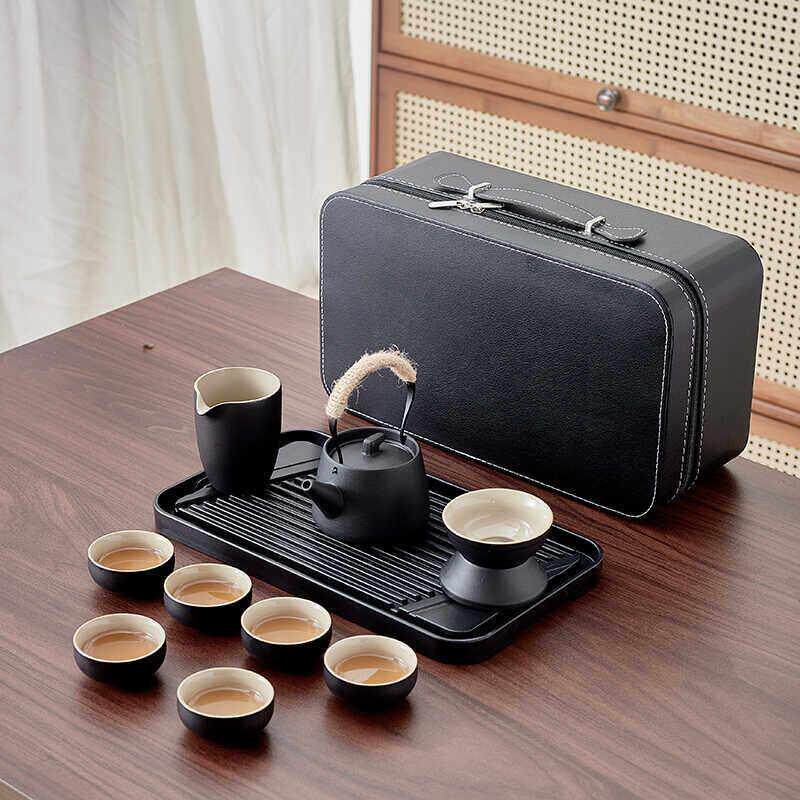 黑色旅行茶具套组陶瓷可携式包户外露营功夫定制礼品实用高档客户