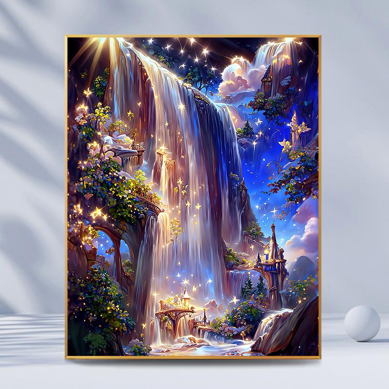 星空瀑布填充填色灿烂星河唯美治愈手工绘油彩装饰画