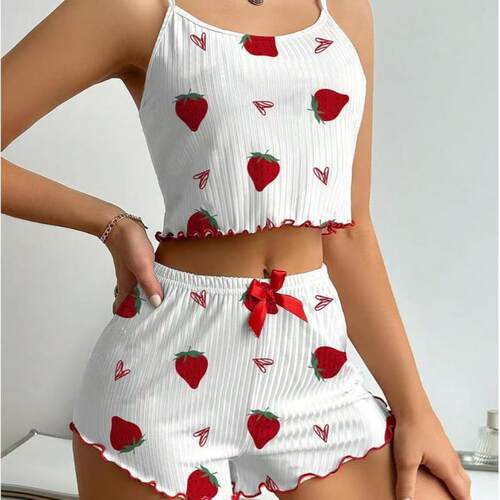 Cute Women ' S Strawberry Print Sexy Lace Trim Pajama Set