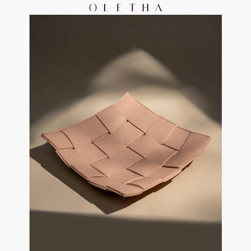 OLETHA轻奢皮革编织首饰盘桌面置物架玄关钥匙遥控器收纳托 托盘