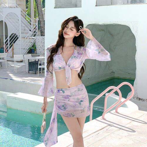 泳衣碎花女分体三件套甜美显瘦时尚印花仙女欲度假泳装0712d