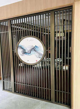 对门不锈钢屏风玄关迎客松雕花圆形正定制隔断感入户金属高级镂空