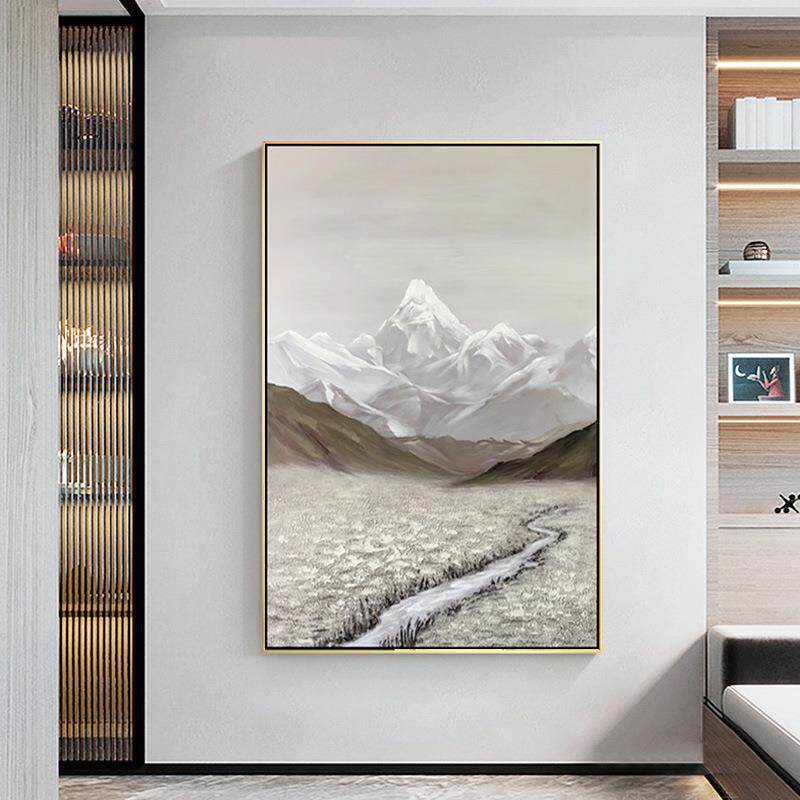 办公室山水风景画手绘油画中式入户玄关挂画客厅走廊竖版大幅壁画