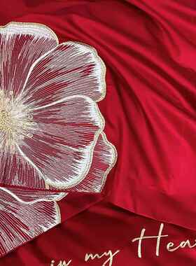 公主风红色6刺支全四件套床单高50099端绣被套纯棉0结婚庆床棉上