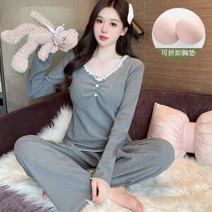 带胸垫德绒保暖睡衣女春秋冬季纯欲风甜美简约长袖灰色家居服套装
