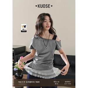 阔色灰色假两件斜肩设计感短袖T恤女2025春夏季新款漂亮穿搭上衣