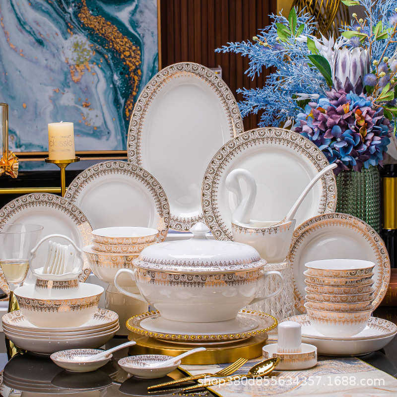 碗碟套装家用景德镇陶瓷餐具高档金边碗盘子组合欧式出口定制批发