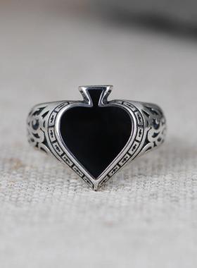 网红- S925银戒指男款复古工艺开口扑克牌黑桃A跨境银饰指环