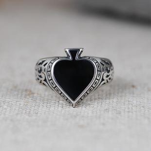 网红- S925银戒指男款复古工艺开口扑克牌黑桃A跨境银饰指环