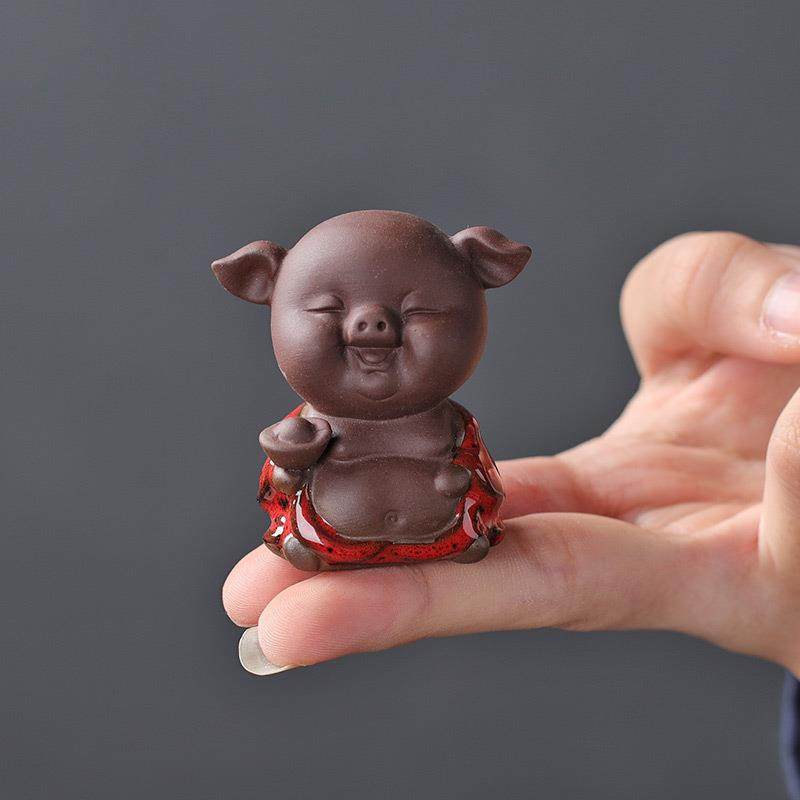 宇轩紫砂茶宠创意指尖小五福猪花盆摆件手工可养茶艺茶玩鱼缸造景
