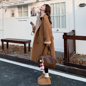 法式羊羔毛中长款大衣 女装卡其色直筒型加厚皮毛一体棉服 韩版双