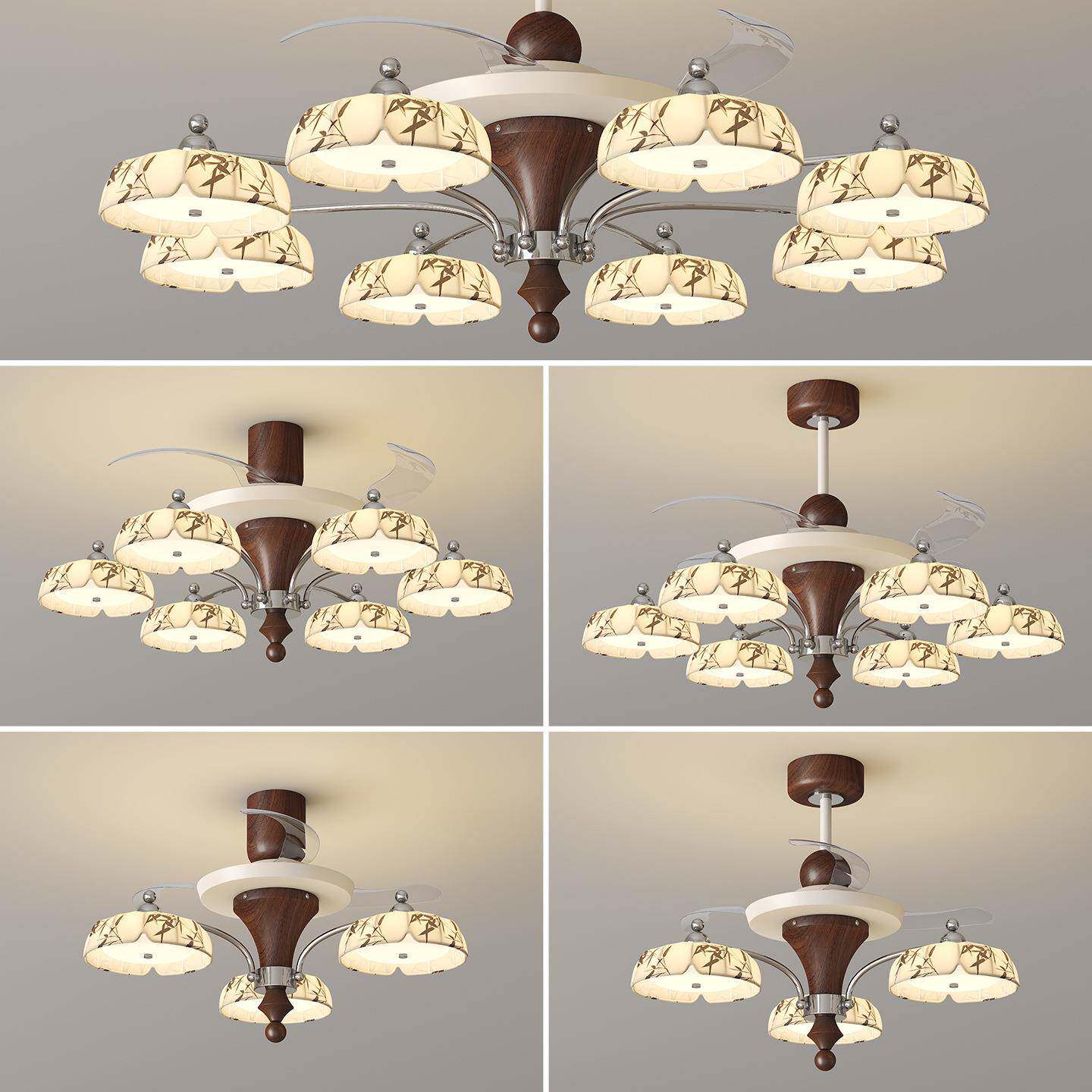 宋美学客厅风扇灯中古风复古吊扇灯法式印花布艺卧室餐厅风扇灯