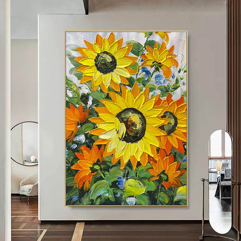 纯手绘日葵花关卉油02画客厅幅落地画餐厅玄装饰画现代立体挂向大