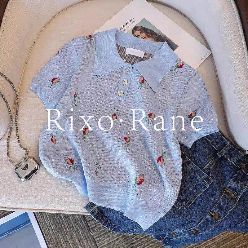 法国Rixo Rane蓝色Polo领碎花针织短袖T恤女夏宽松显瘦短款上衣
