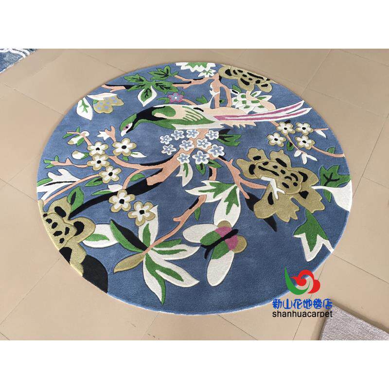 新西兰进口羊毛抽象蓝色喜鹊杜鹃花朵圆形客厅茶几地毯餐厅门口垫
