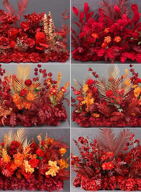 新款婚礼地排花红色中式婚庆花排假花农村结婚仿真花路引花材布置