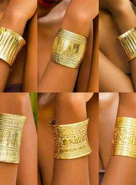 欧美2026夸张大宽袖口女金属手镯部落风开口雕刻花纹复古手饰