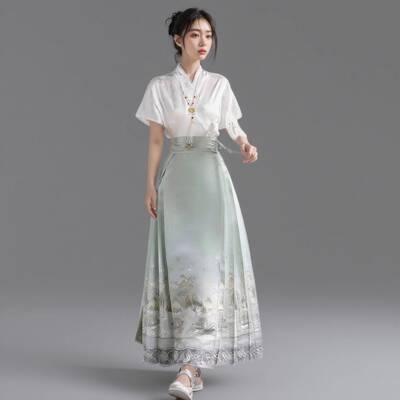 新中式国风白上衣绿色马面裙两件套大尺码胖mm改良汉服日常可穿套