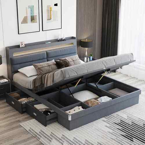 科床技布085床床1.8米户型卧室双人灰耐色高箱储物床收纳科技小布