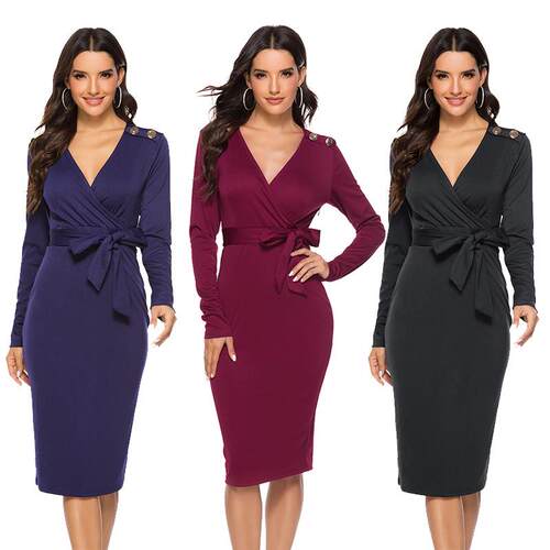Elastic standard size collar long sleeved mid length dress